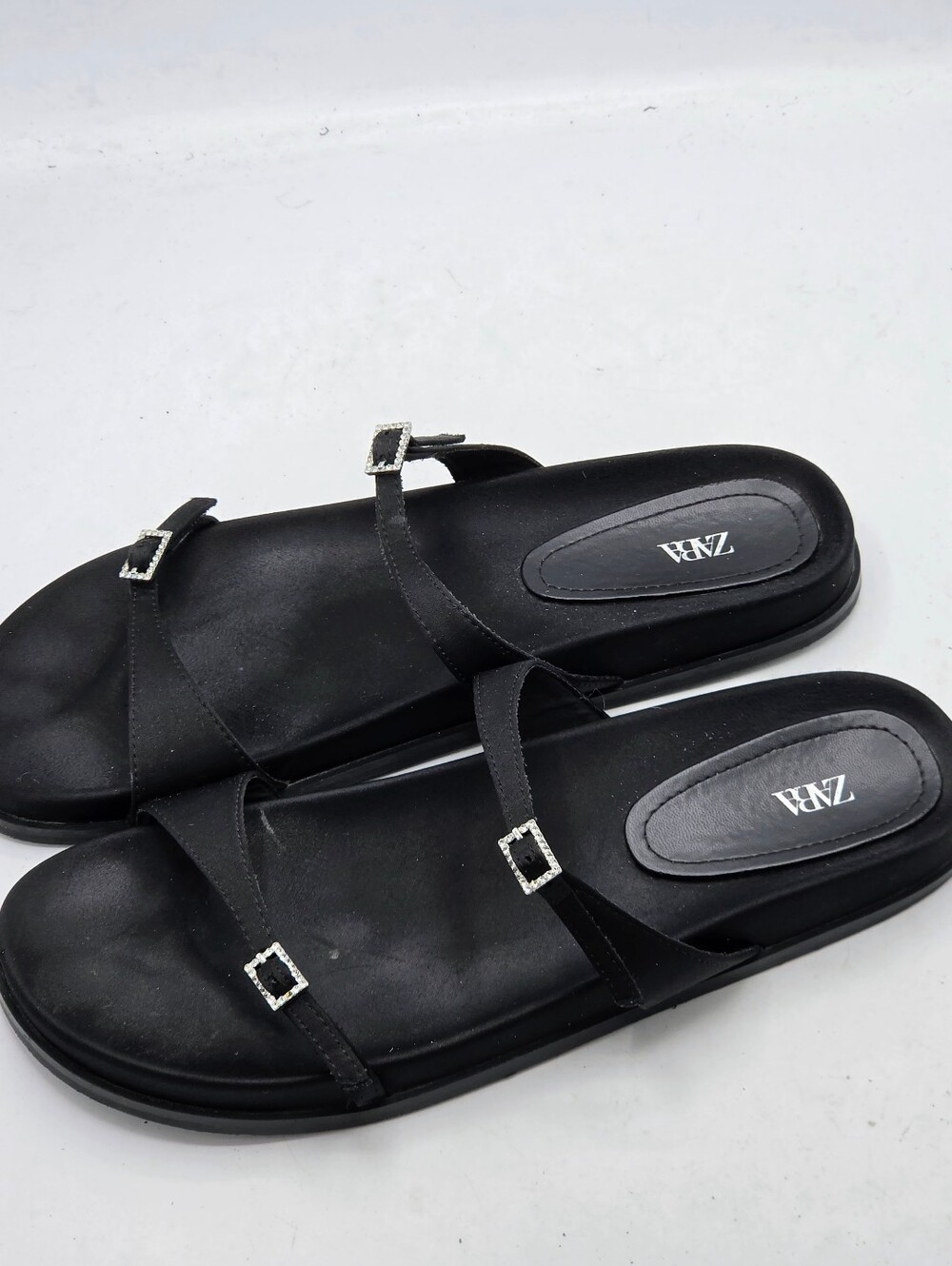 ZARA Black Satin Buckle Slides - Rhinestone Embellished Strappy Sandals Size 10 - Picture 5 of 13